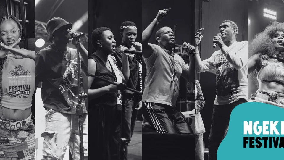 Black and white collage of six performers from the 2025 festival singing into microphones